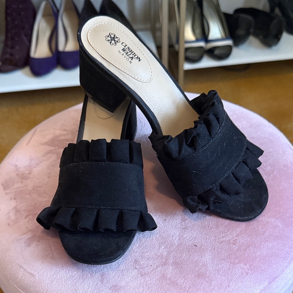 Cynthia Vincent Black Ruffle Mules